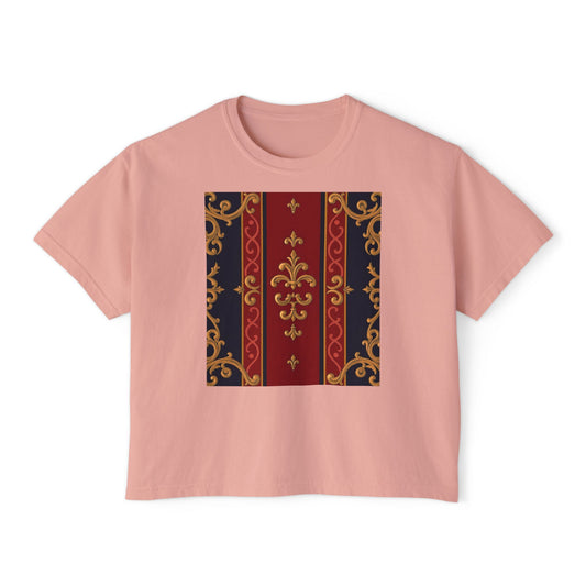 Elegant Floral Boxy Tee, Casual Women’s T-Shirt, Vintage Inspired Top, Everyday Fashion, Gift for Her - Midnight Blue & Dusk Red Gold Baroque