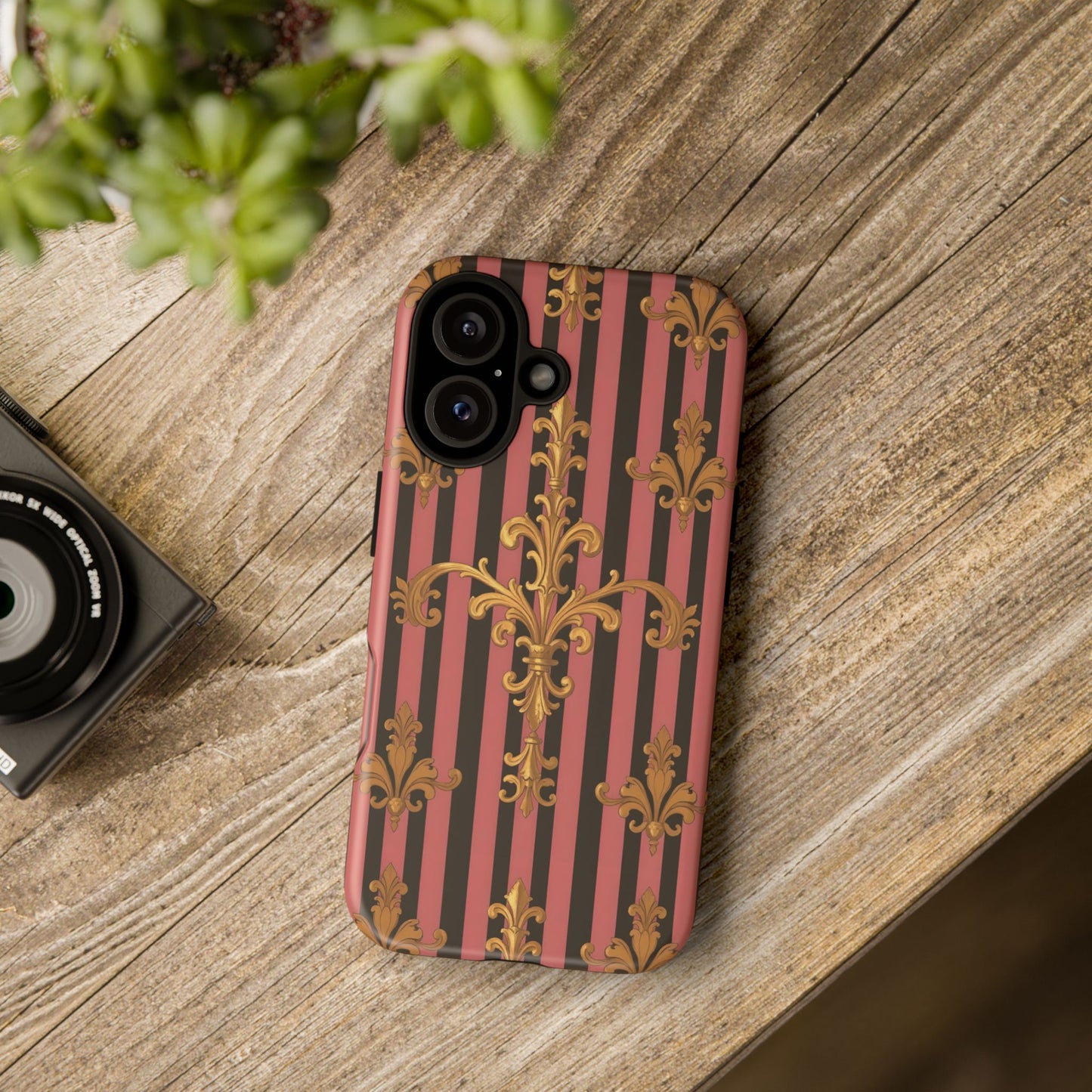 Elegant Floral Motif Phone Case - Tough Cases with Vintage Design - Mauve Striped Gold Damask