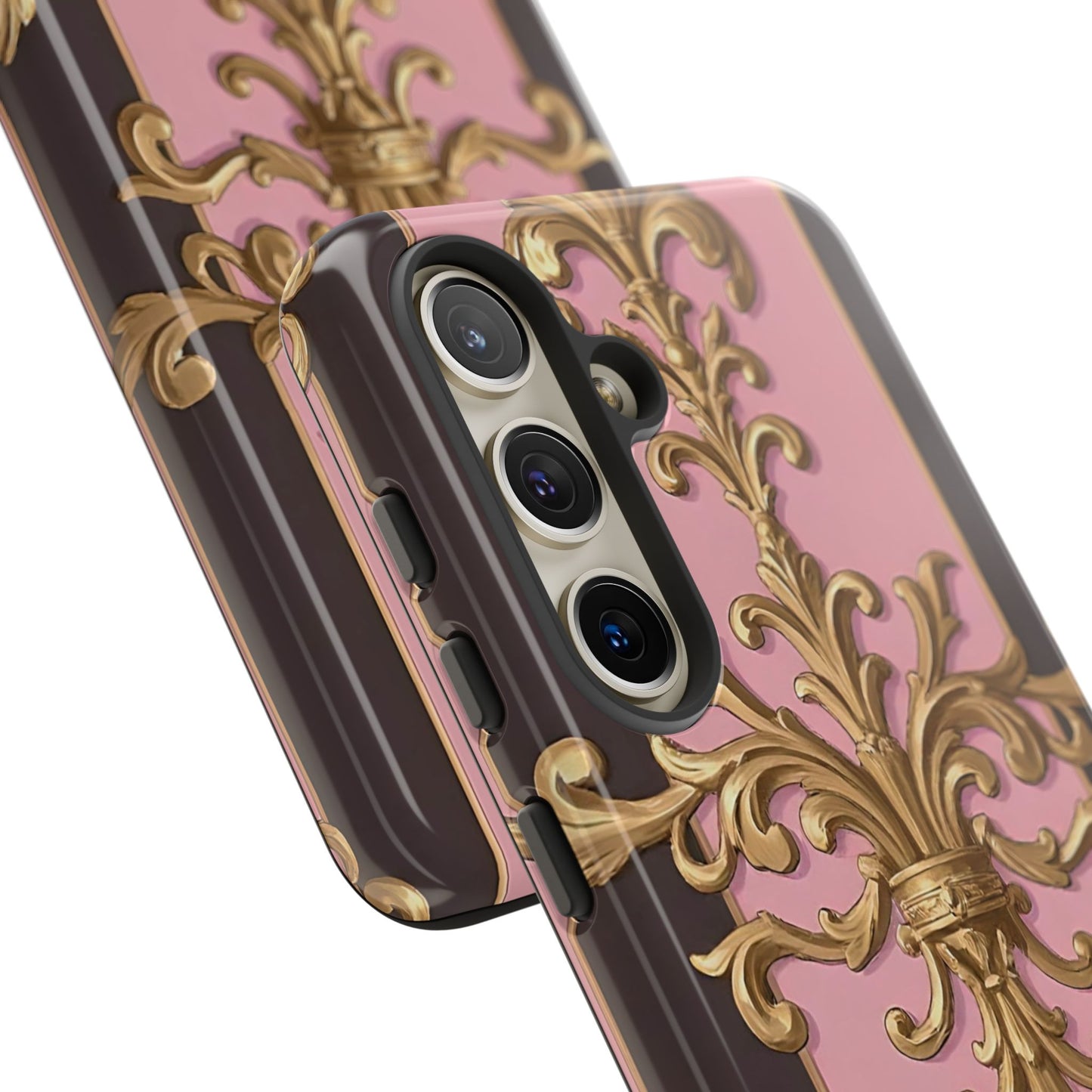 Elegant Floral Motif Phone Case - Tough Cases with Vintage Design - Pink & Brown Striped Gold Damask