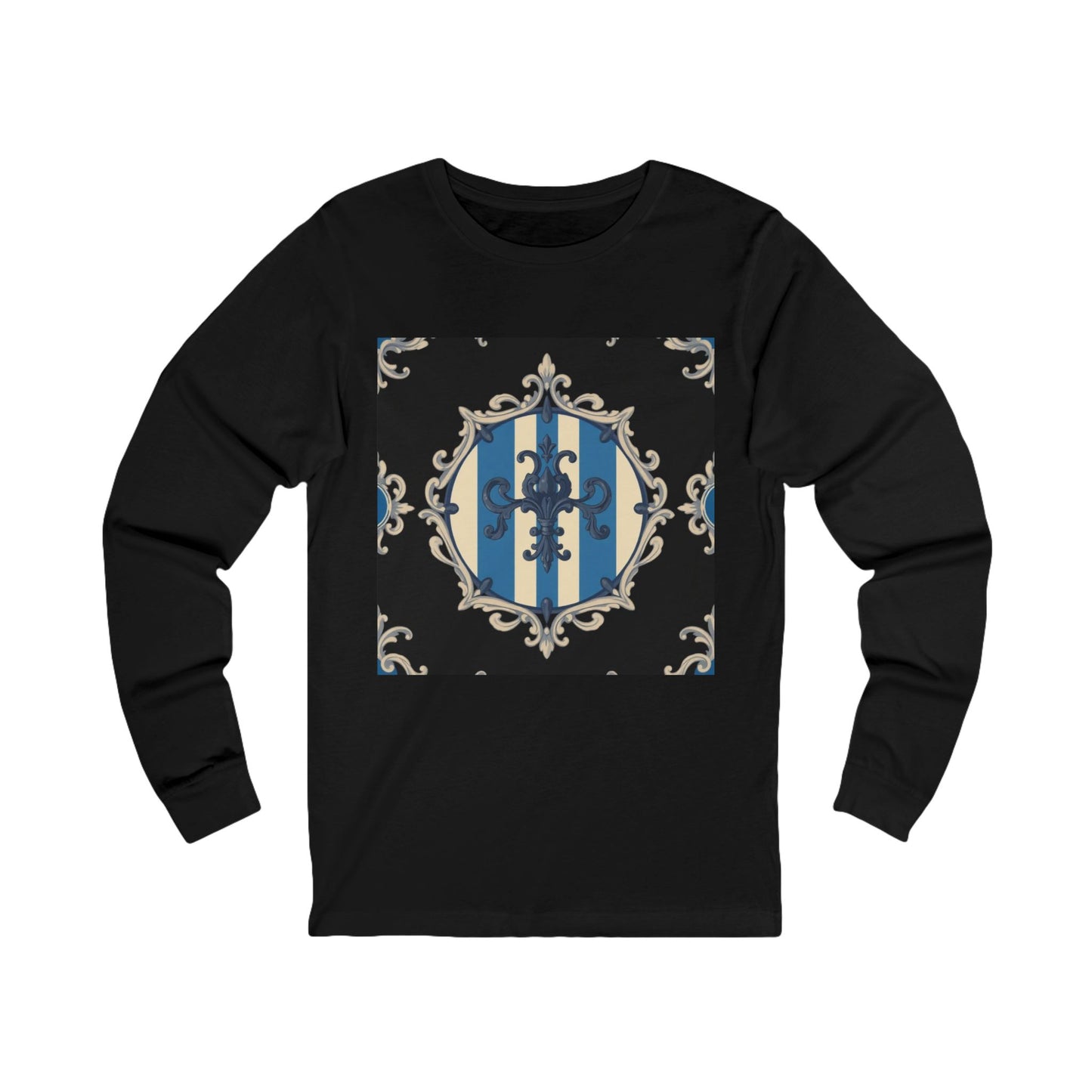 Elegant Blue & Alabaster Striped Baroque Long Sleeve Tee | Unisex Stylish Top for Casual Wear, Gift for Her, Him, Birthday, Fashion Statement