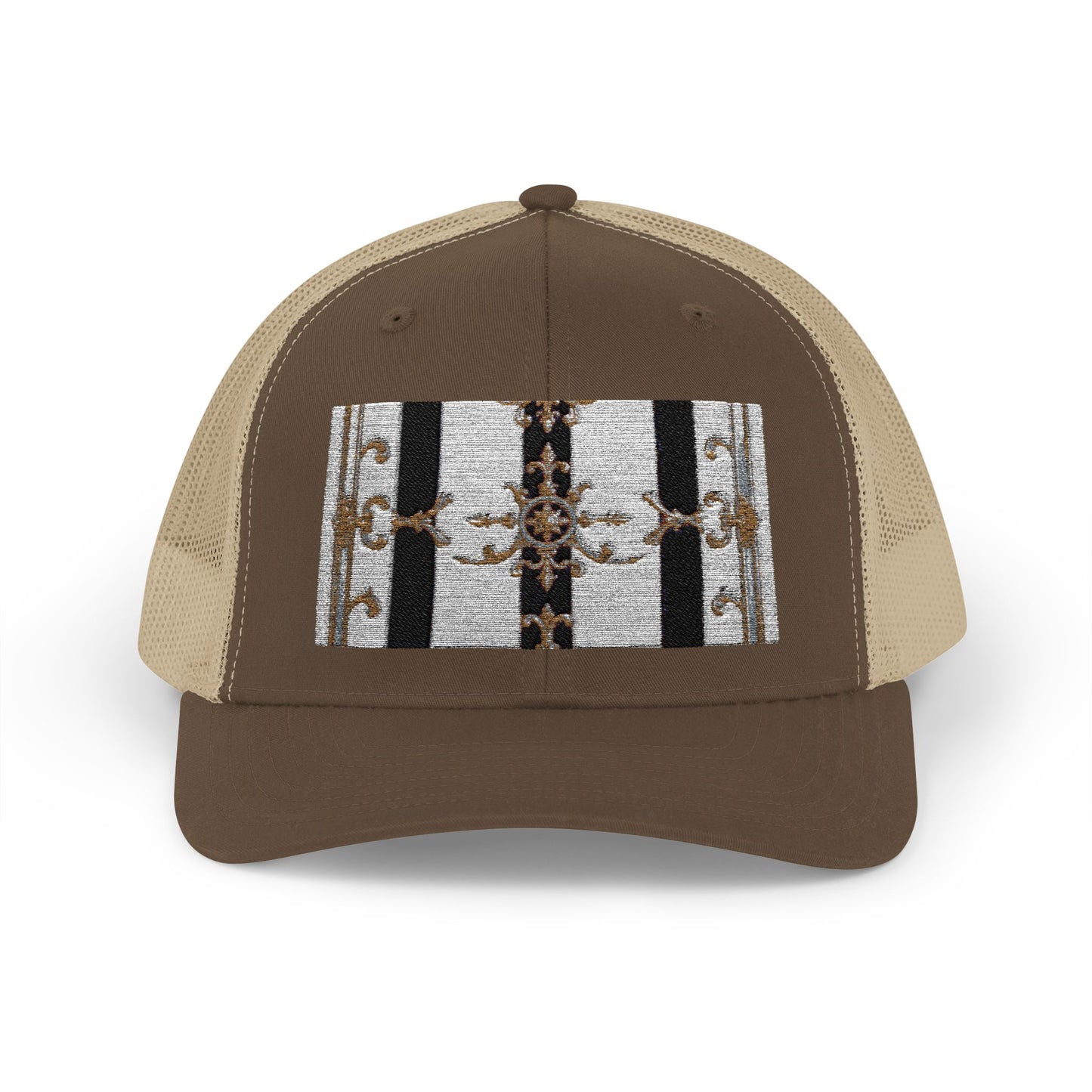Trendy Snapback Trucker Cap, Casual Fashion Hat, Summer Accessory, Gift Idea for Cool Teens, Outdoor Activities - Black & White Striped Gold Baroque