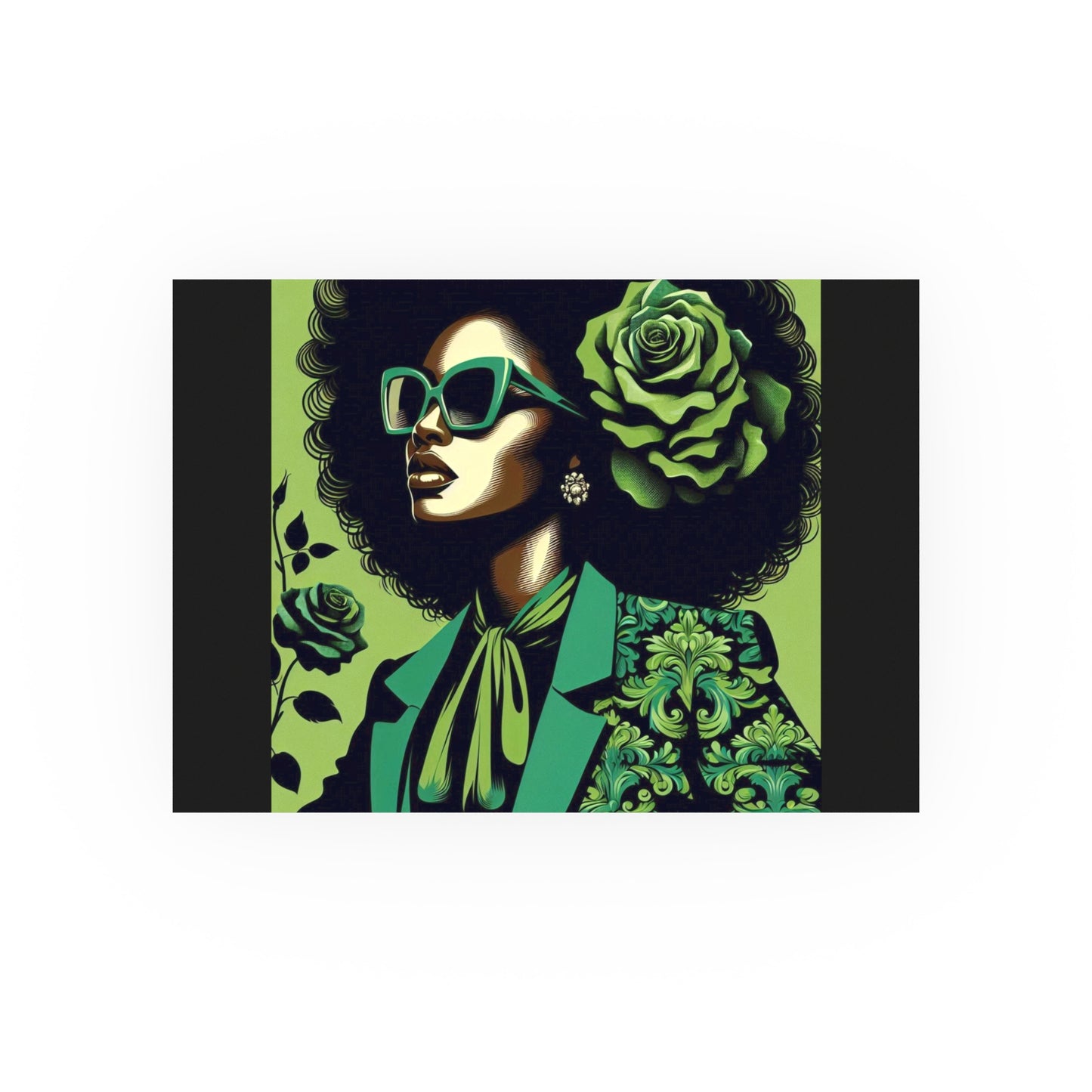 Chic Afrocentric Art Poster, Vibrant Wall Décor, Stylish Home Decoration, Damask Chic Art Print - Lady In Green Damask
