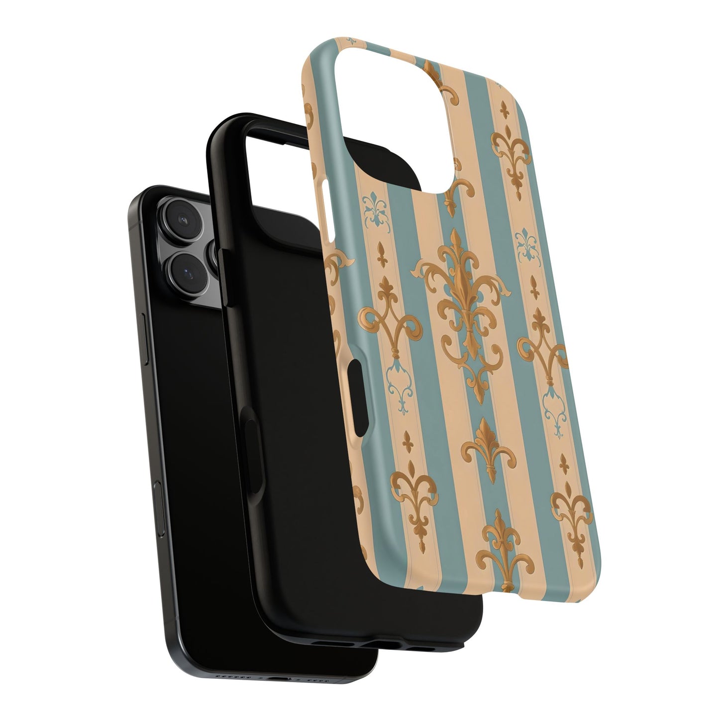 Elegant Floral Motif Phone Case - Tough Cases with Vintage Design -  Beige & Sky Blue Striped Gold Damask