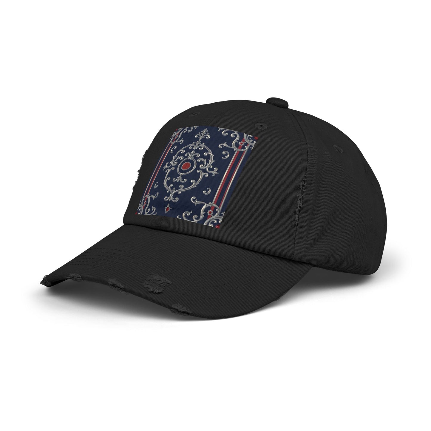 Stylish Unisex Distressed Cap with Ornate Design, Casual Hat for Outdoor Adventures, Beach Days - Blue & Red Silver Baroque