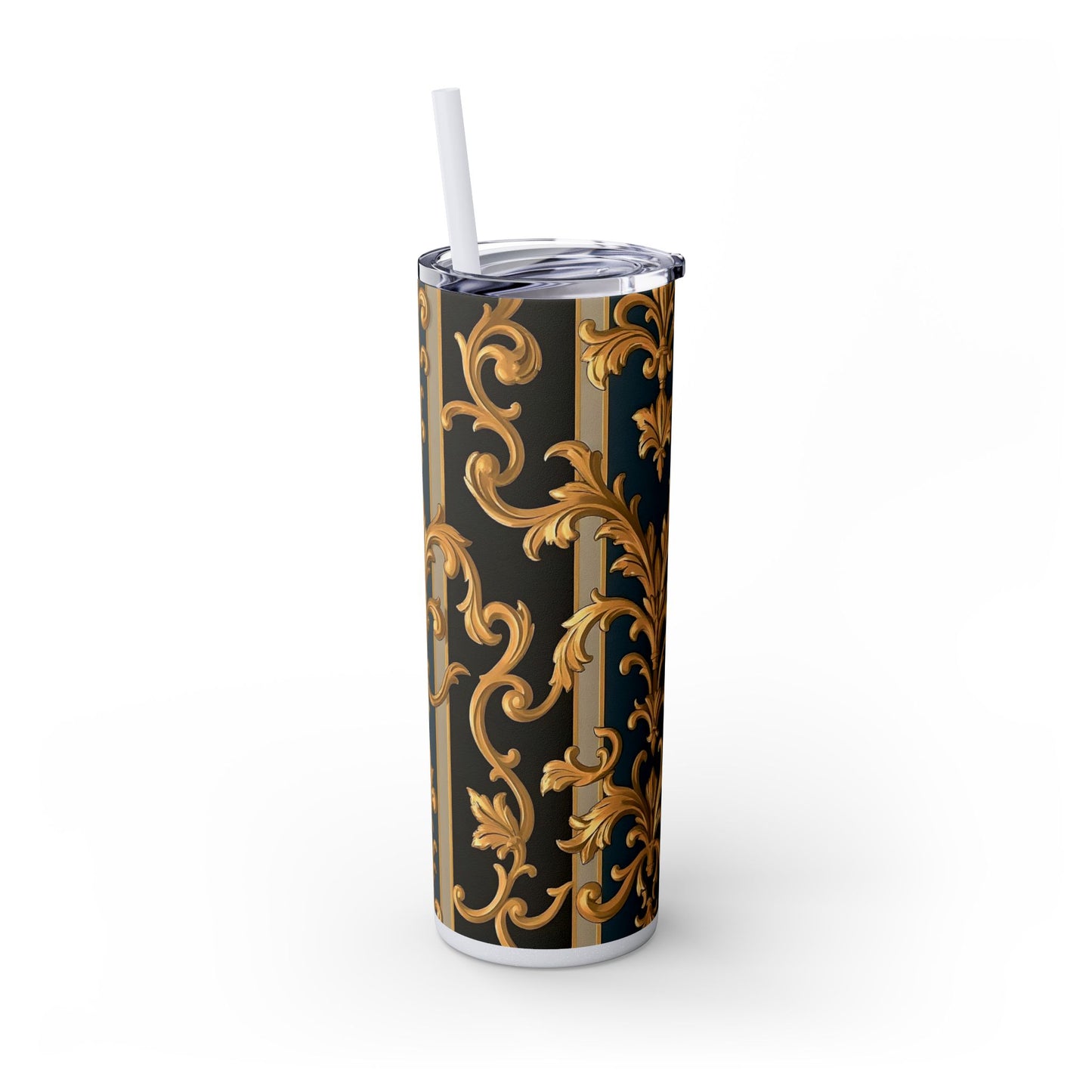 Elegant Gold Floral Skinny Tumbler with Straw, 20oz - Stylish Travel Cup, Gift Idea for Birthdays - Blue & Black Striped Rococo
