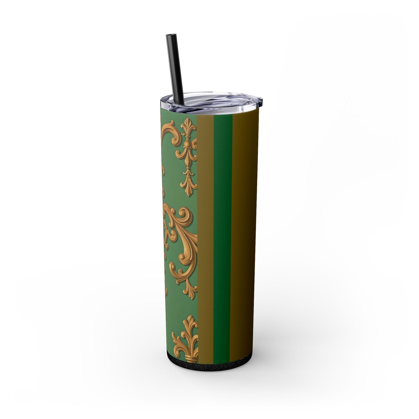 Elegant Green Pattern Skinny Tumbler with Straw, Stylish Drinkware, Gift for Her, Travel Mug, Home Decor, Floral Design - Olive Green Striped Rococo