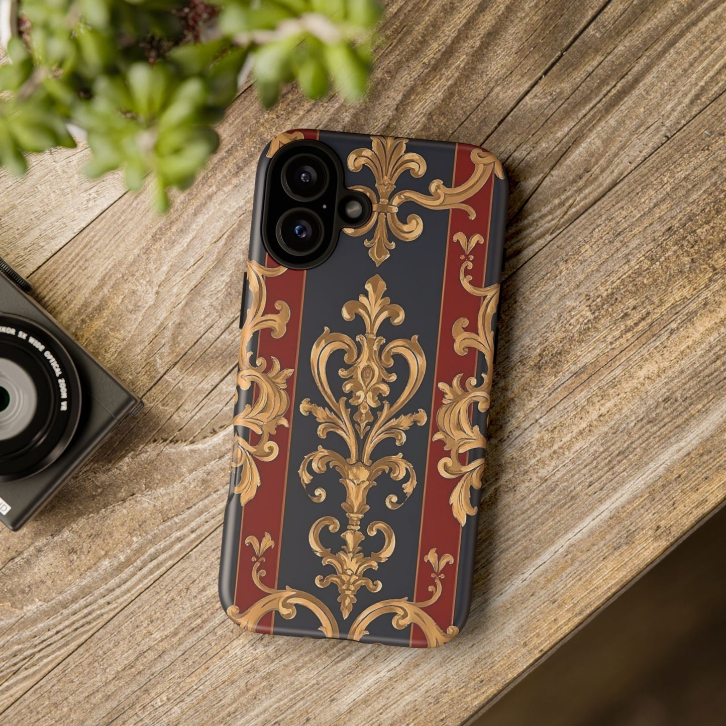 Elegant Floral Motif Phone Case - Tough Cases with Vintage Design - Midnight Blue & Dusk Red Striped Gold Damask