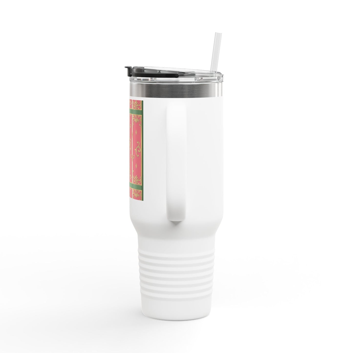 Elegant Insulated Green Border Pink Striped Baroque Travel Mug, 40oz with Baroque Design - Perfect for Gifting, Coffee, Tea, Gift for Her