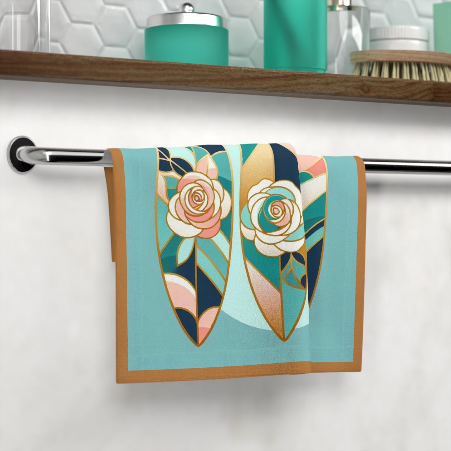 Floral Surf-Inspired Face Towel - Beach Ready Softness - Blue, Pink & Aqua Surfboard & Roses Design