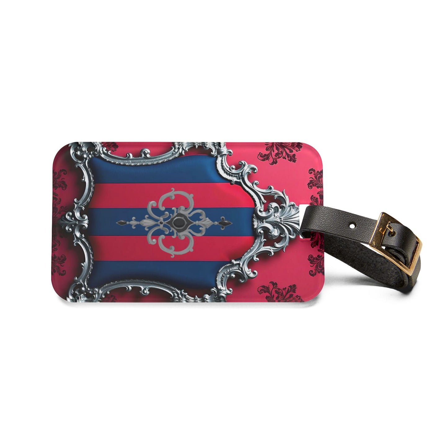 Chic Vintage Luggage Tag, Travel Accessory, Personalized Baggage Tag, Stylish Travel Gift, Elegant Suitcase Identifier - Blue & Red Striped Silver Crest