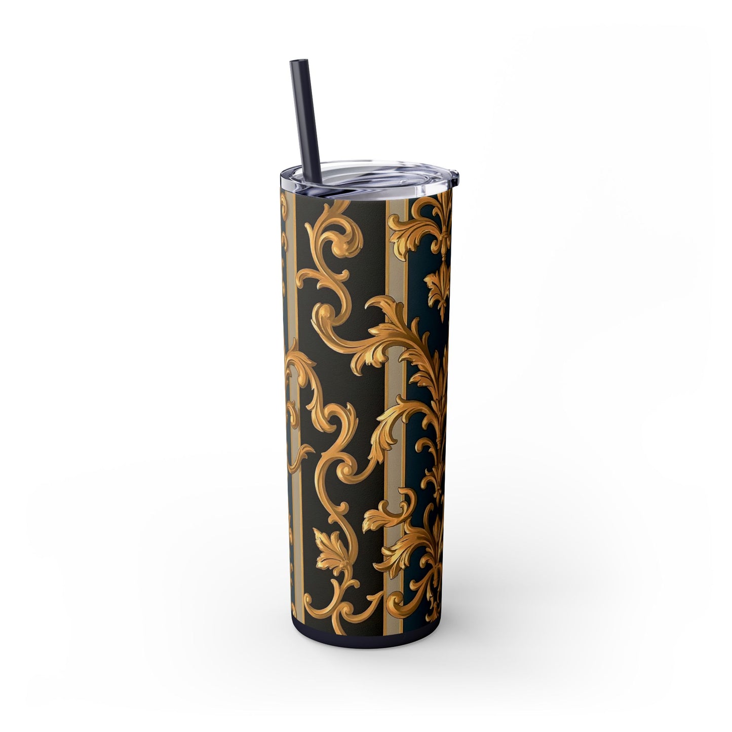 Elegant Gold Floral Skinny Tumbler with Straw, 20oz - Stylish Travel Cup, Gift Idea for Birthdays - Blue & Black Striped Rococo