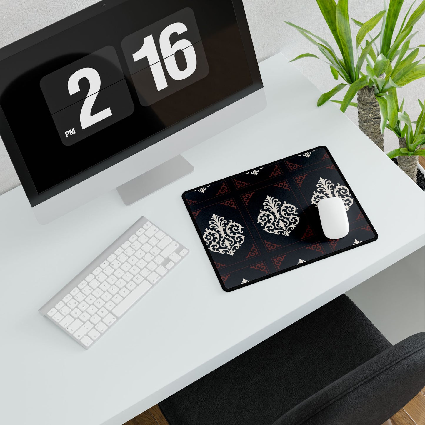 Dusk Blue-Maroon & White Baroque Desk Mat — Elegant Dusk Blue & White Mouse Pad