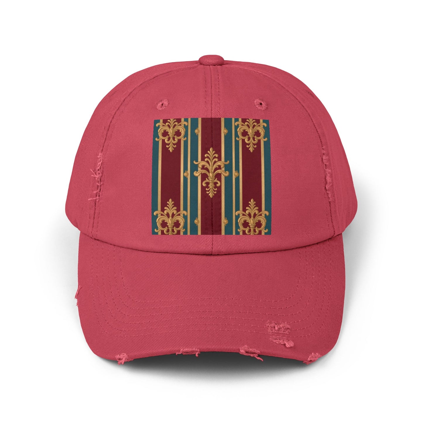 Stylish Unisex Distressed Cap with Vintage Striped Design, Casual Wear, Outdoor Activities, Gift for Him/Her - Burgundy Striped Gold Baroque