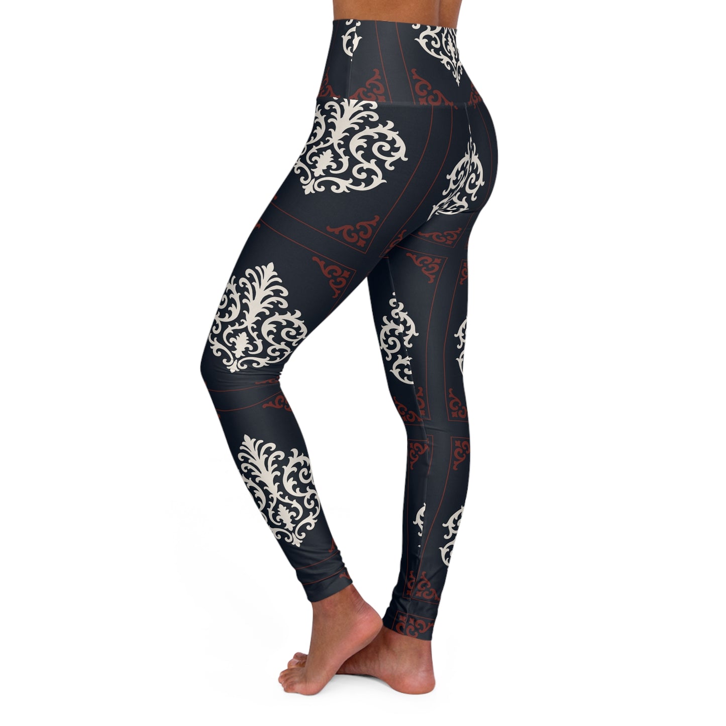 Dusk Blue & Maroon-White Baroque High-Waisted Yoga Leggings — Dusk Blue & White Baroque All-Over Print