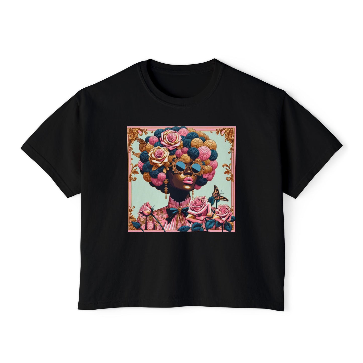 Colorful Afro Woman Boxy Tee, Feminine Graphic T-Shirt, Trendy Casual Wear, Gift for Her, Summer Outfit - Lady In Pink Baroque