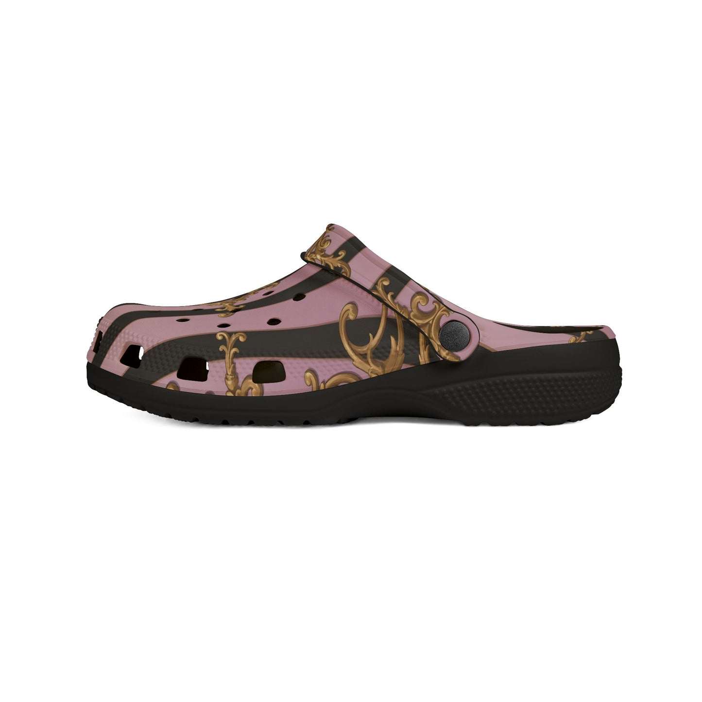 Chic Patterned EVA Foam Clogs, Stylish Garden Shoes, Fun Slip-On Footwear, Trendy Indoor - Matte Lavender & Black Striped Gold Baroque