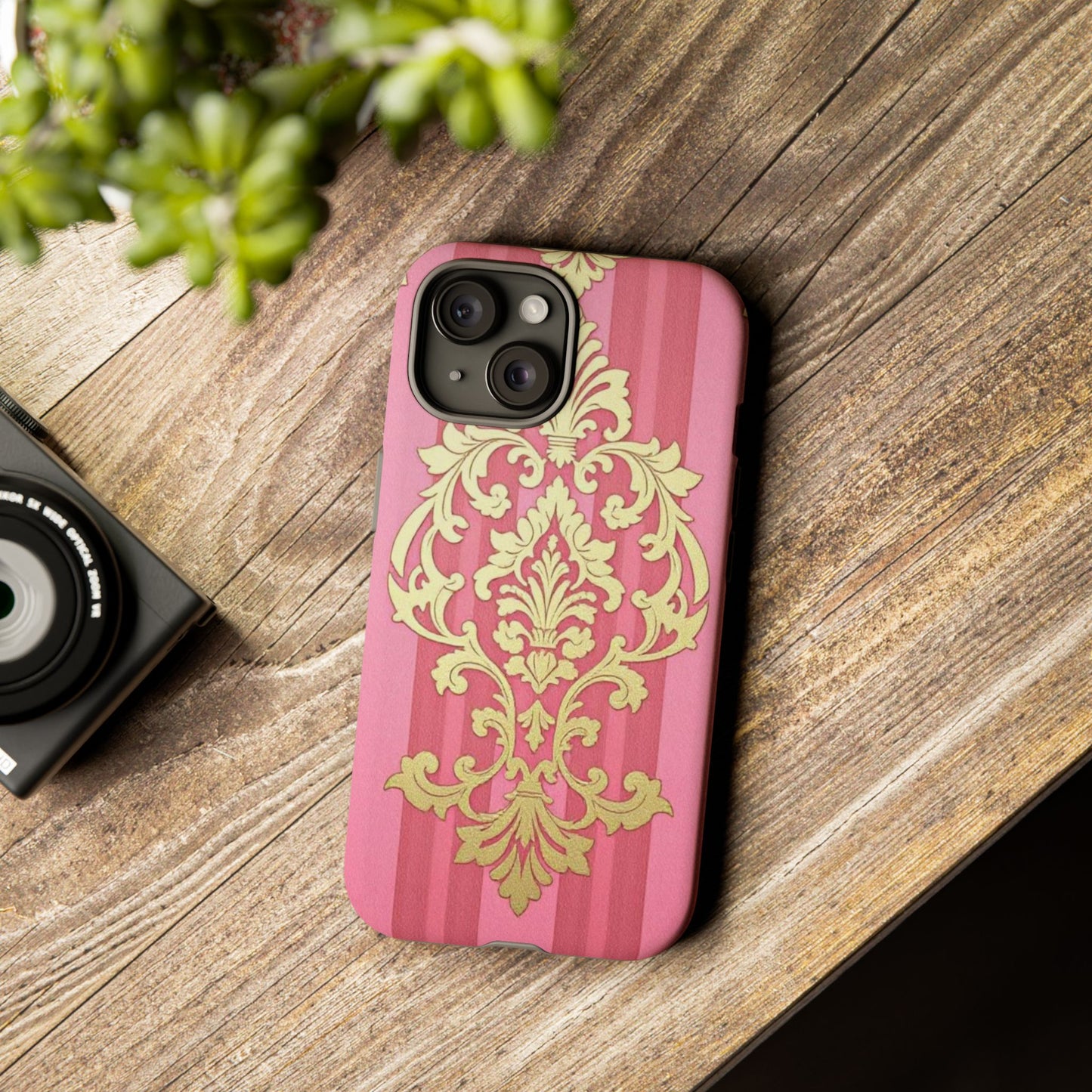 Elegant Floral Motif Phone Case - Tough Cases with Vintage Design - Pink Striped Damask