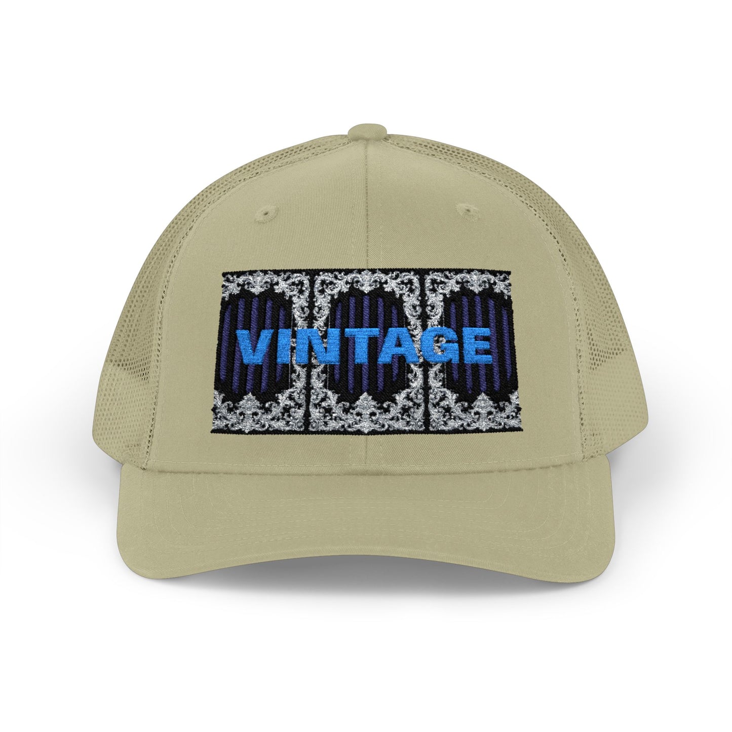 Vintage Navy Stripes & Baroque Trucker Cap — Retro 'VINTAGE' Embroidered Snapback