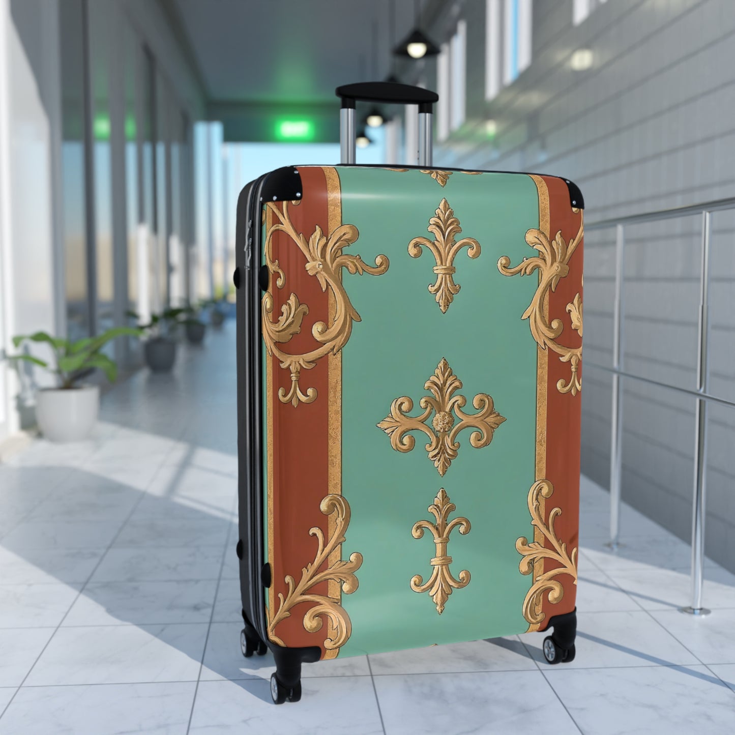 Elegant Travel Suitcase with Vintage Design - Rust & Mint Aqua Striped Baroque