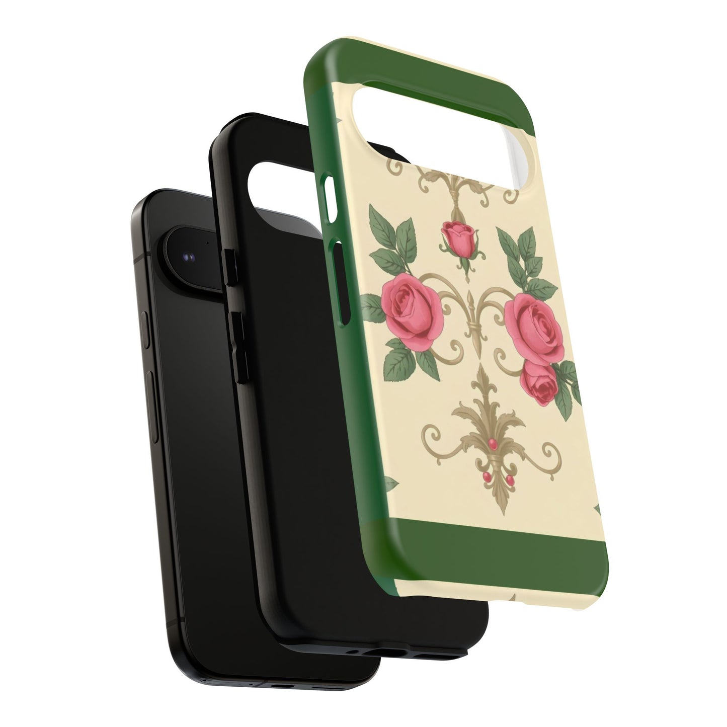 Elegant Floral Motif Phone Case - Tough Cases with Vintage Design - Green Border Roses & Damask
