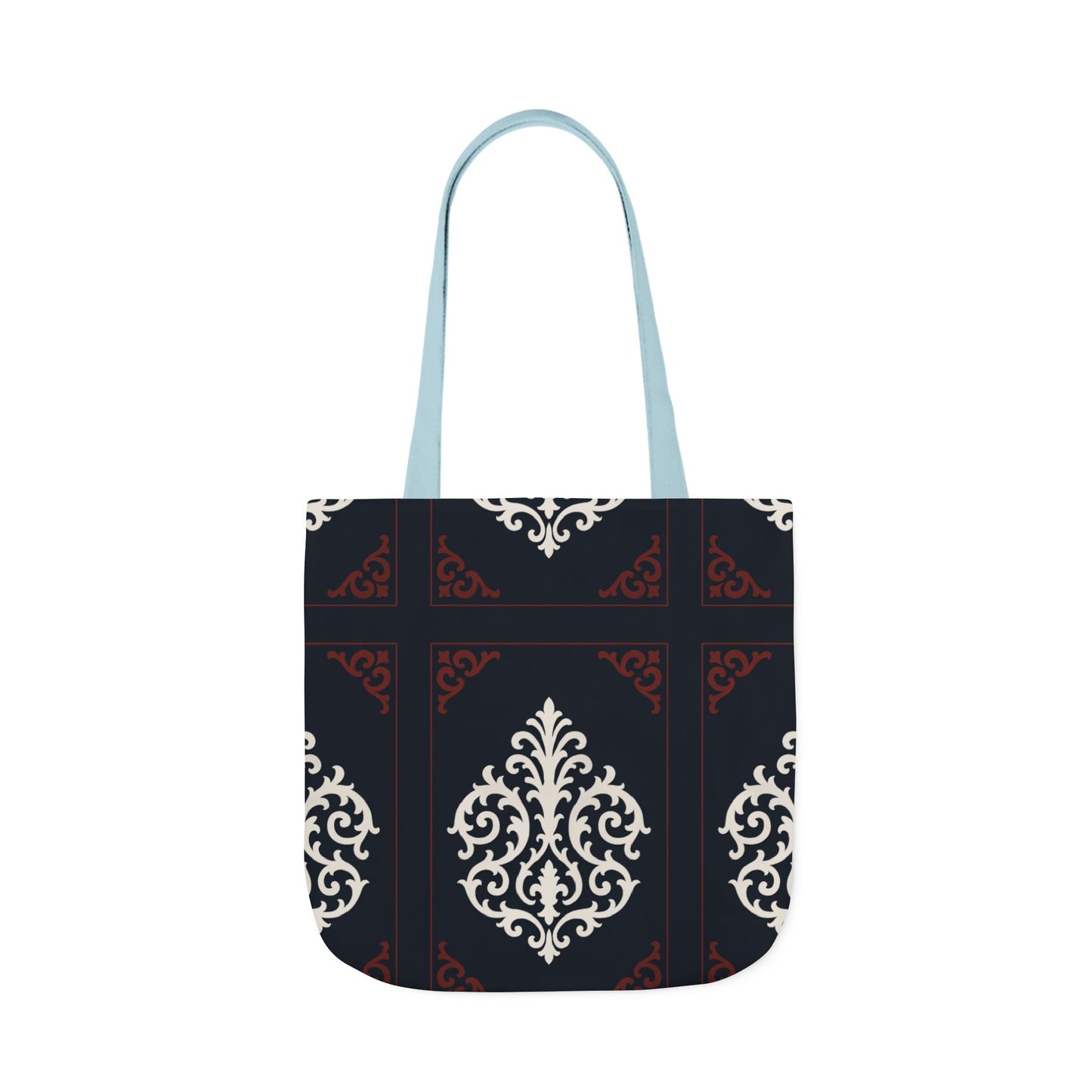 Dusk Blue-Maroon & White Baroque Pattern Canvas Tote Bag — Elegant Dusk Blue & White Reusable Market Bag