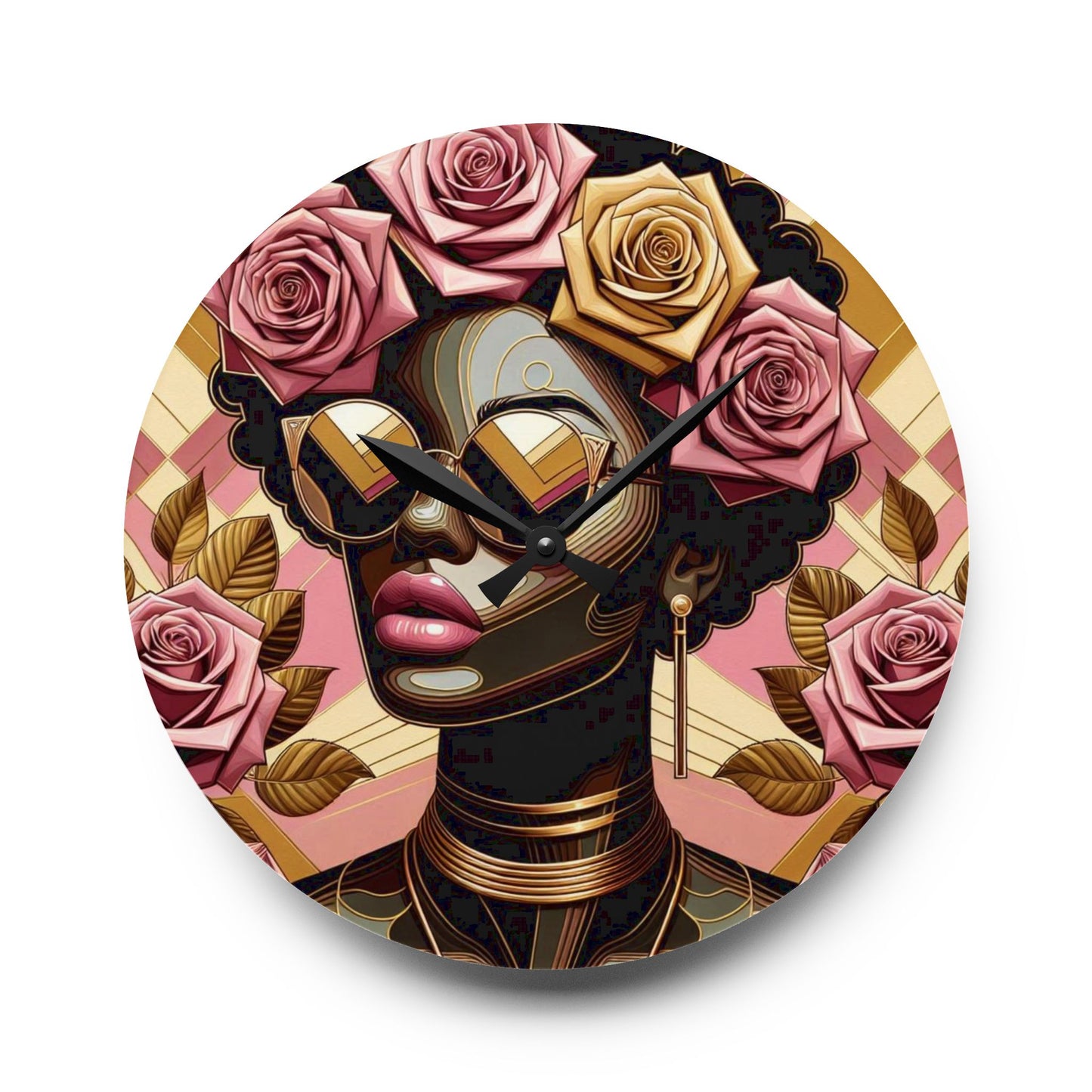 Elegant Afro Woman Acrylic Wall Clock with Floral Design, Boho Home Decor, Unique Wall Art, Gift for Her - Pink Roses Lady