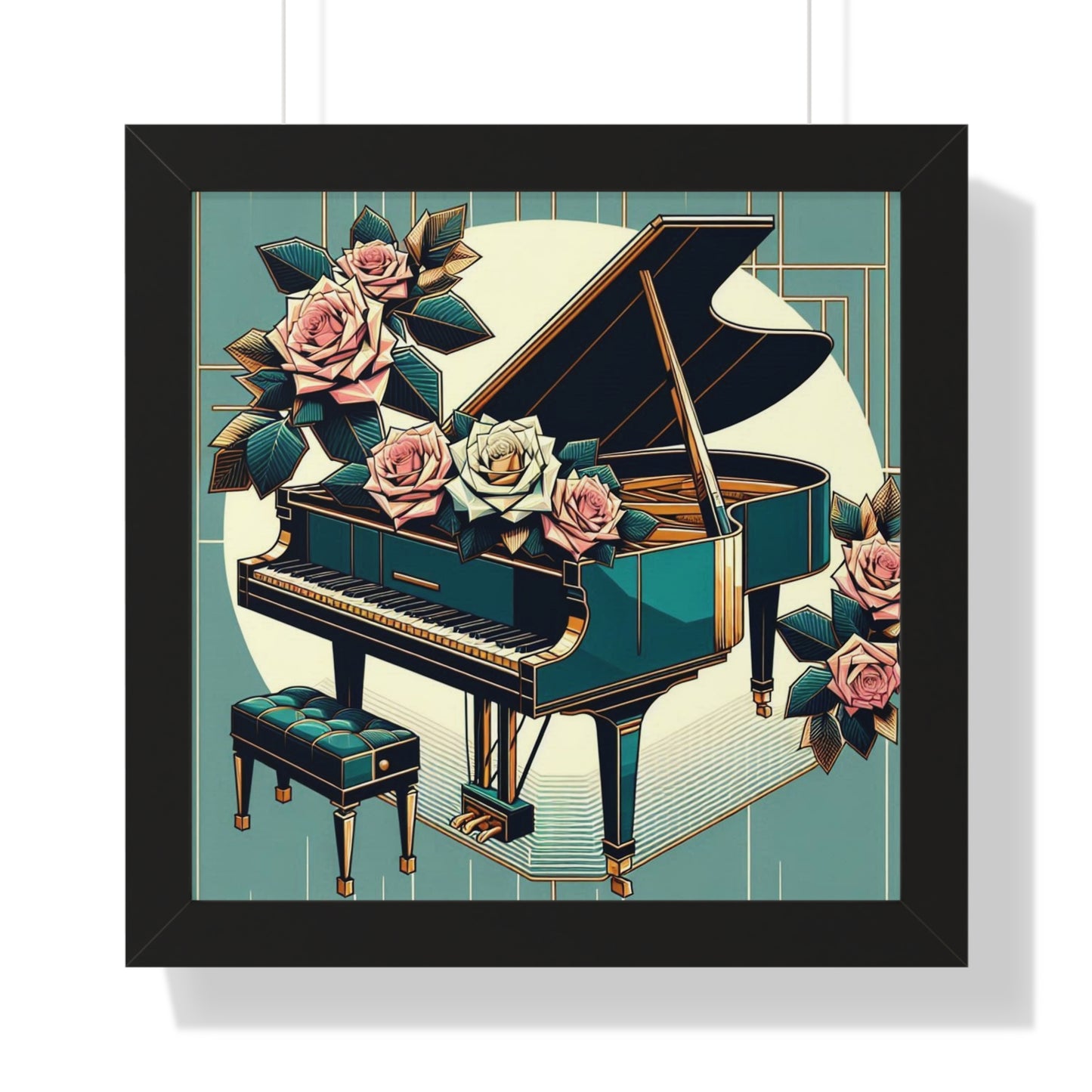 Vertical Poster - Teal Grand Piano & Roses Wall Art