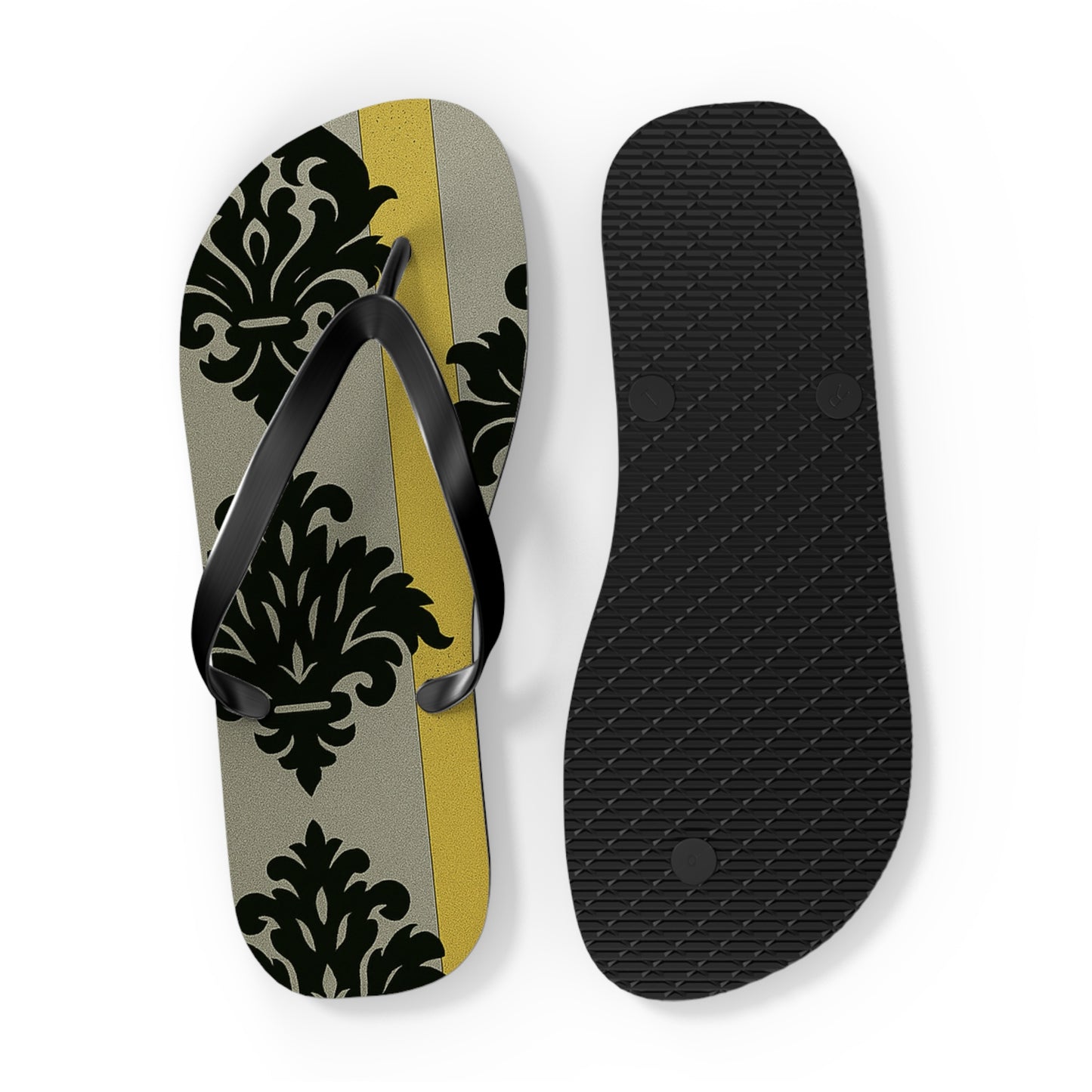 Stylish Flip Flops - Summer Sandals for Beach, Vacation, and Casual Wear - Silver & Gold Striped Black Baroque