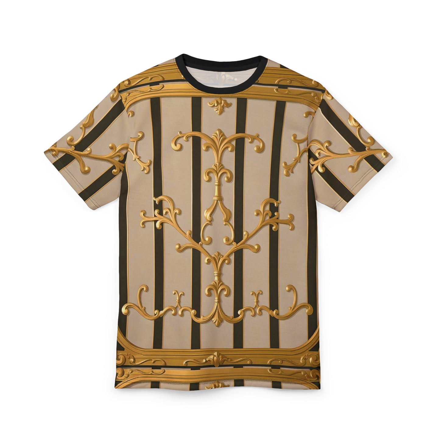 Luxurious Baroque Unisex Tee, Gold and Black Fashion Shirt for Casual Wear - Beige Striped Gold Rococo
