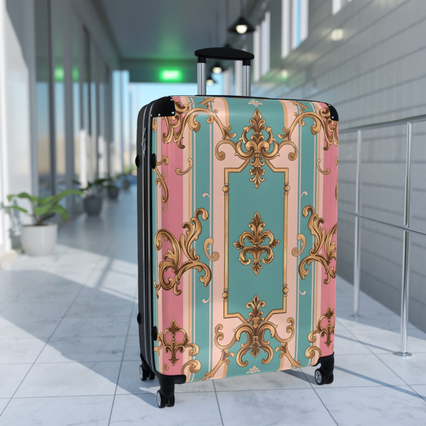 Chic Travel Suitcase - Stylish Carry-On Luggage for Jetsetters, Vacation Days, Weekend Getaways - Pink & Matte Turquoise Striped Rococo