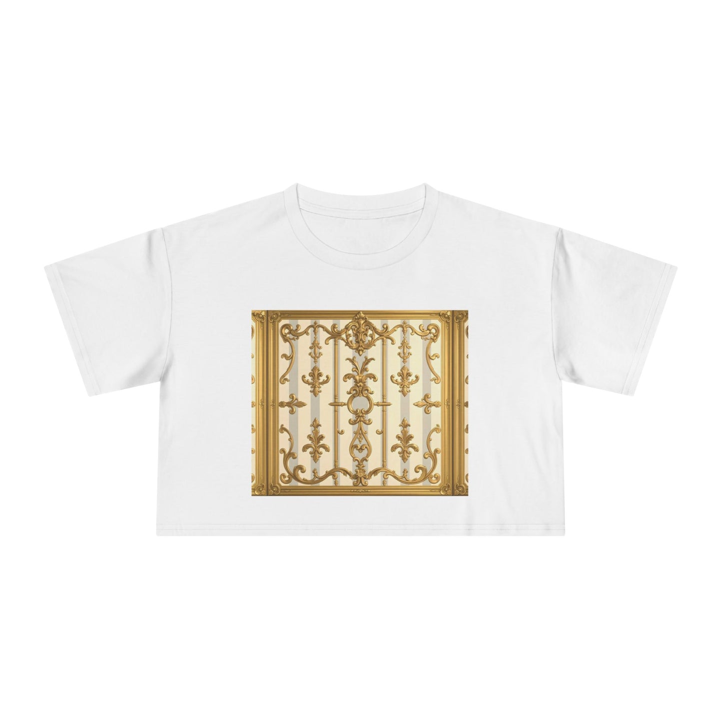 Elegant Vintage Women's Crop Tee, Stylish Oversized Top, Casual Summer Shirt, Trendy Women's Apparel - Matte Gray & Cream Striped Gold Baroque