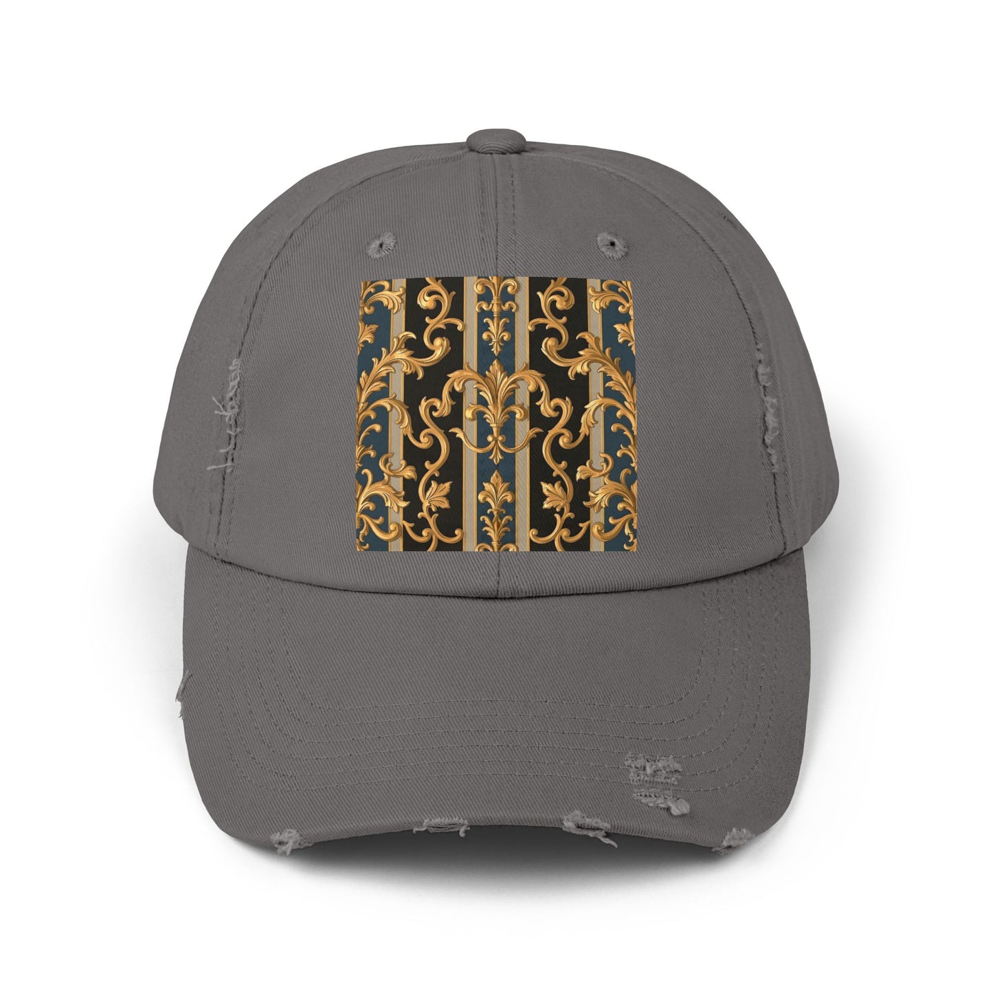 Unisex Distressed Cap with Elegant Gold Pattern, Vintage Style Hat, Casual Fashion Accessory - Blue & Black Striped Rococo
