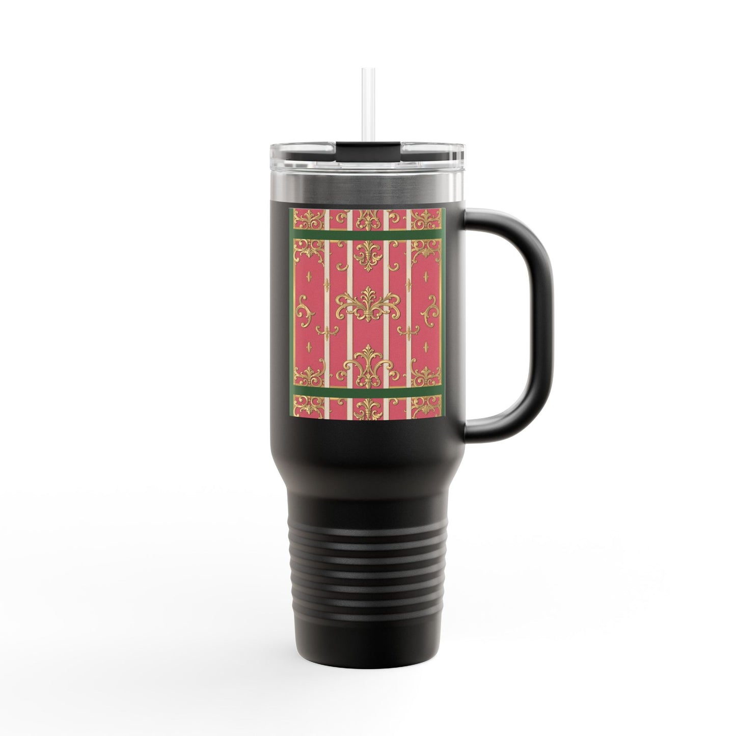 Elegant Insulated Green Border Pink Striped Baroque Travel Mug, 40oz with Baroque Design - Perfect for Gifting, Coffee, Tea, Gift for Her