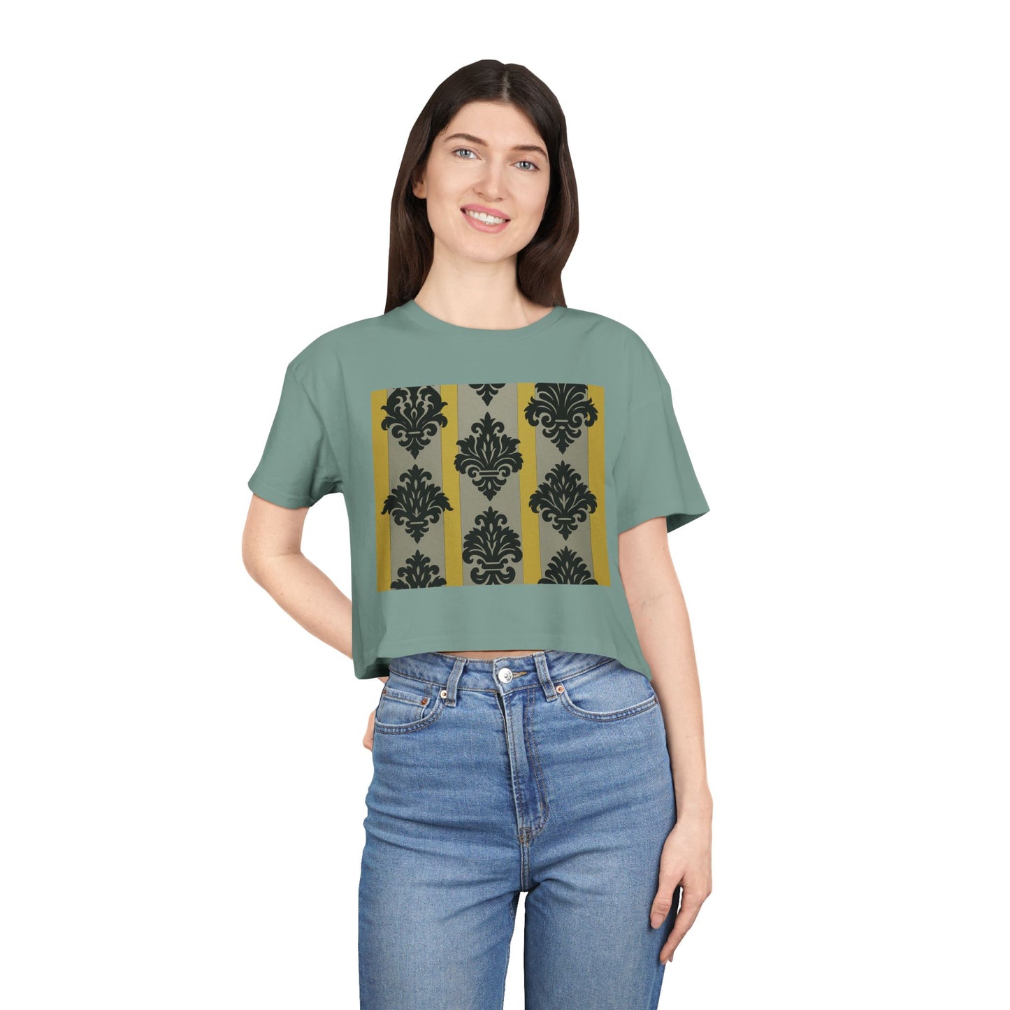 Chic Vintage Crop Tee | Stylish Women's Tee for Casual Outings, Gifts, Festivals, Layering, Everyday Wear - Silver & Gold Striped Black Baroque