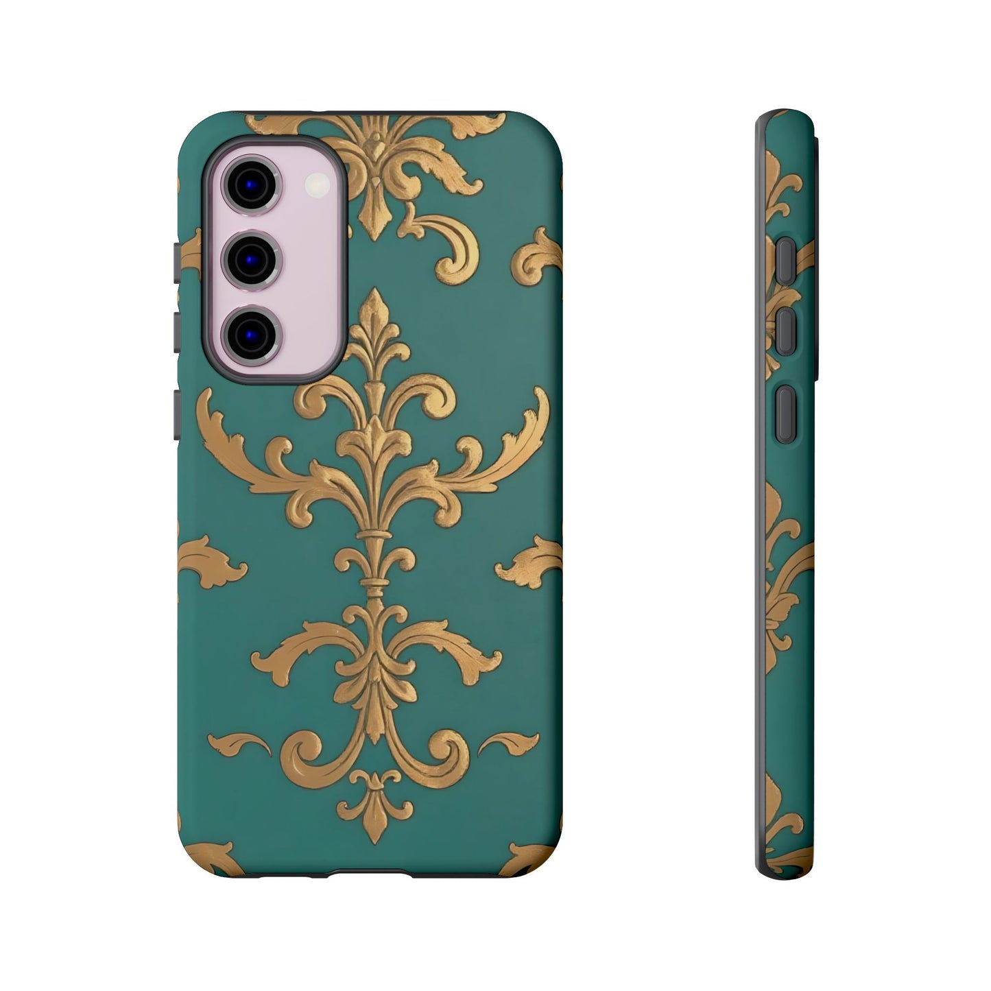 Elegant Floral Motif Phone Case - Tough Cases with Vintage Design - Aqua & Gold Damask