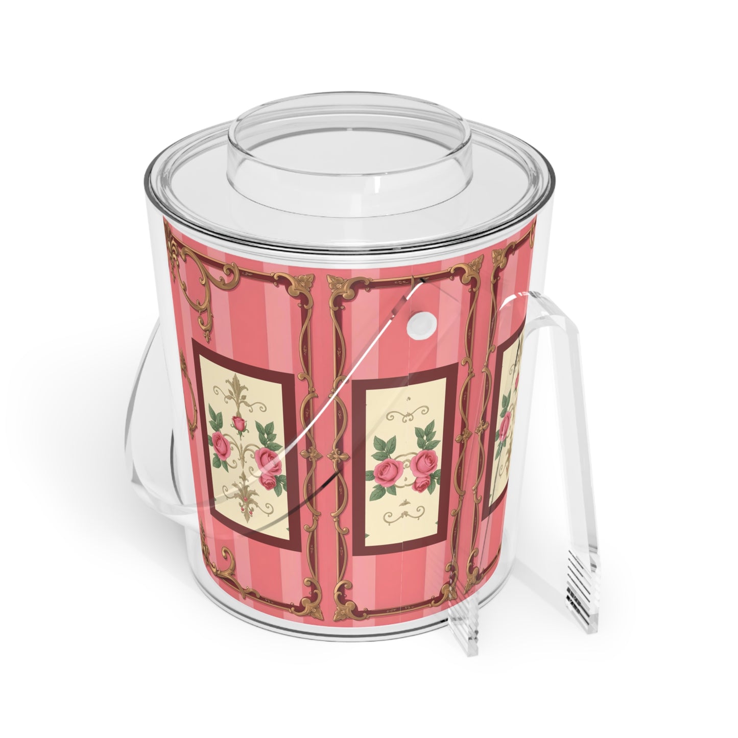 Elegant Floral Ice Bucket with Tongs for Parties and Celebrations - Pink Striped Baroque & Roses