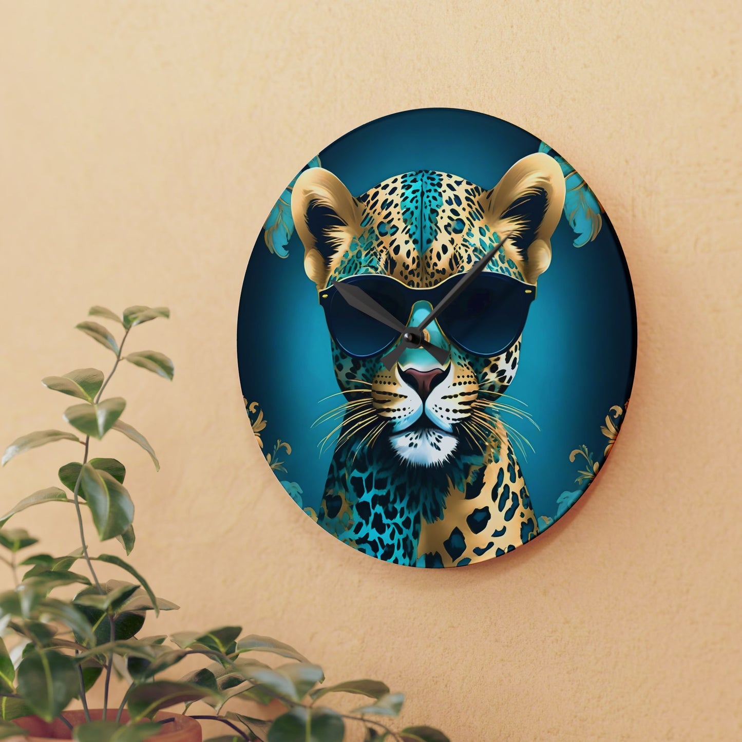 Animal Lover Wall Clock - Aqua & Gold Leopard In Shades - Fun & Elegant Art Design