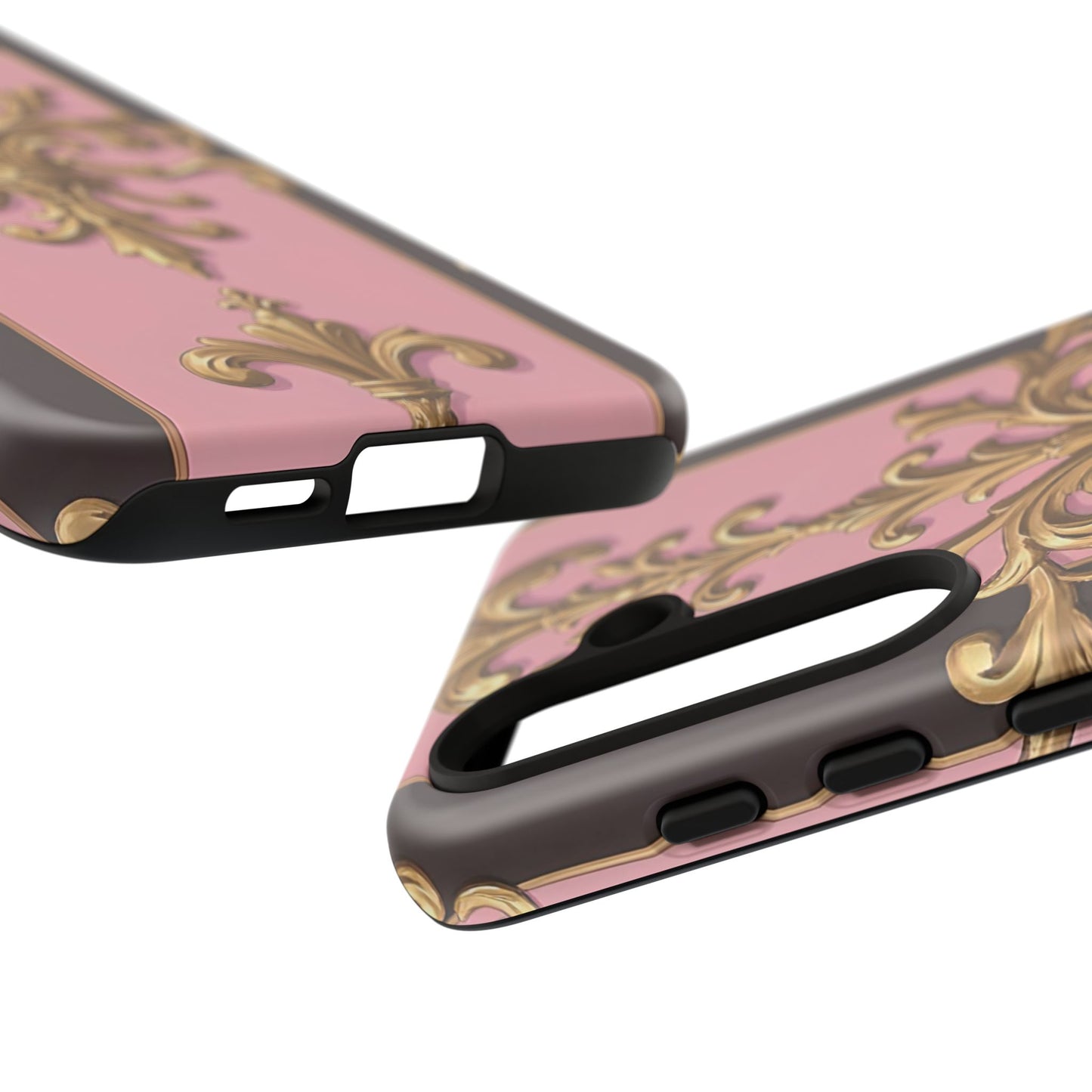 Elegant Floral Motif Phone Case - Tough Cases with Vintage Design - Pink & Brown Striped Gold Damask