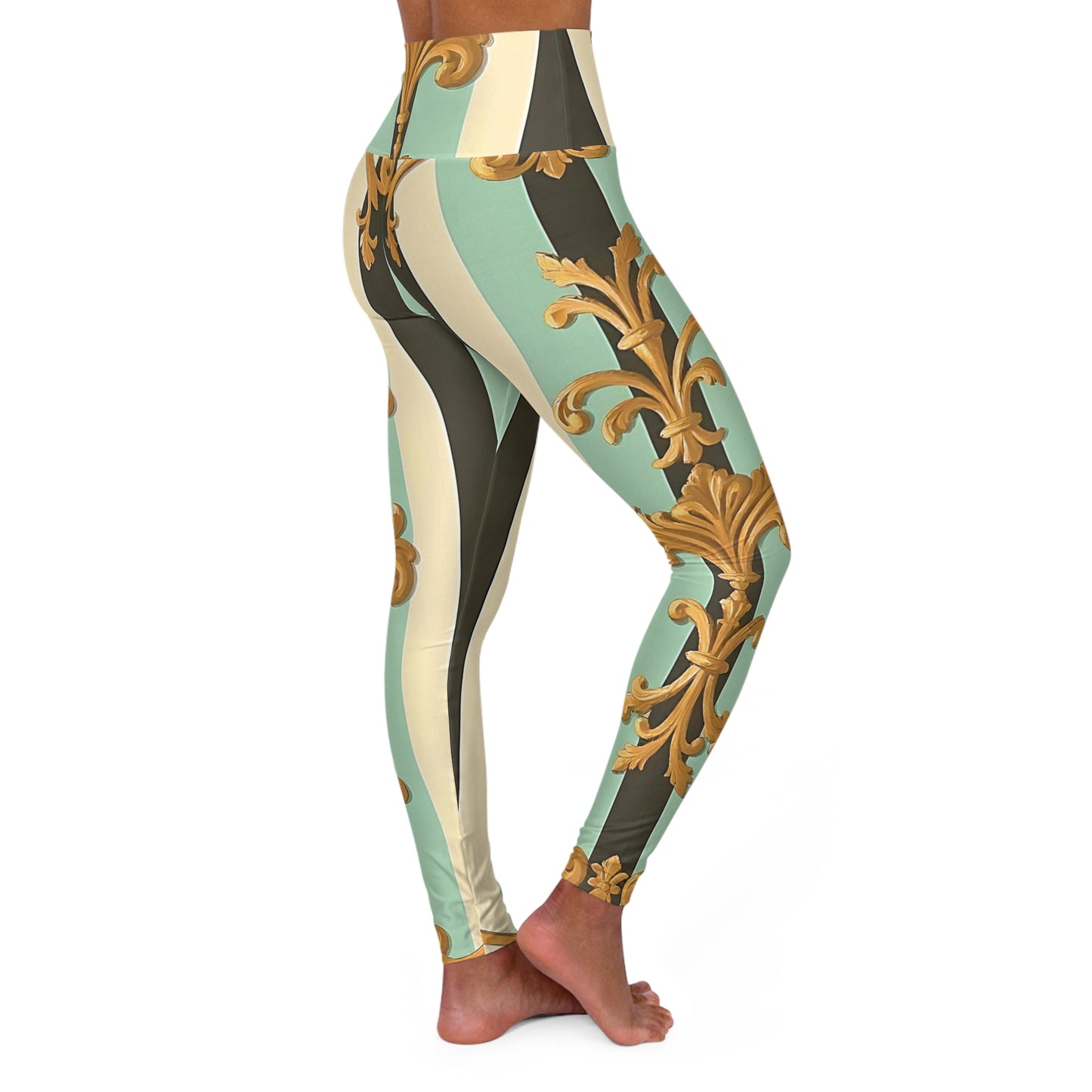 Chic High Waisted Yoga Leggings, Stylish Workout Tights, Fitness Apparel, Activewear for Yoga - Black & Matte Mint Striped Rococo