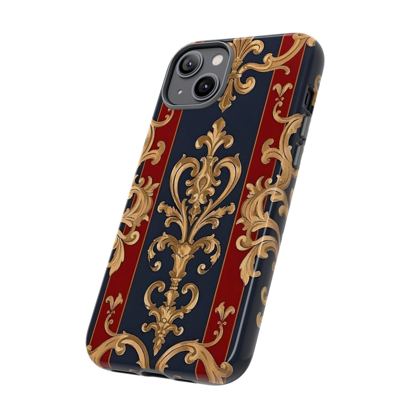 Elegant Floral Motif Phone Case - Tough Cases with Vintage Design - Midnight Blue & Dusk Red Striped Gold Damask