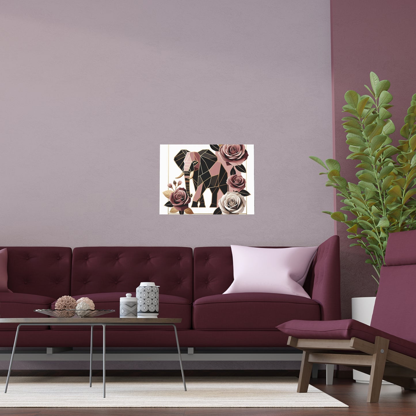 Elegant Floral Silk Poster - Indoor/Outdoor Wall Art for Home Decor - Brown & Mauve Elephant & Roses