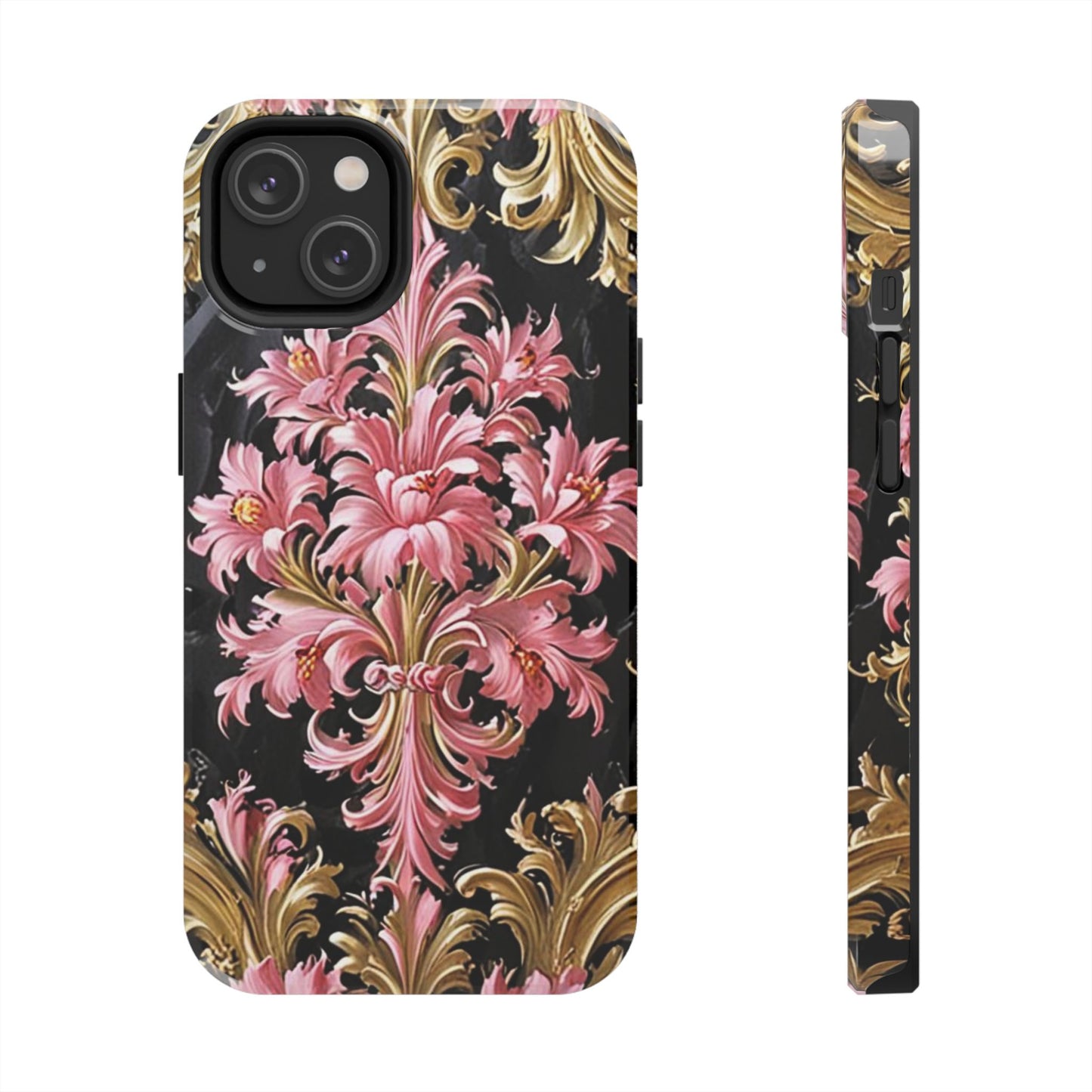 Elegant Floral Tough Phone Cases | Stylish Protection for Her | Gift for Birthdays - Black & Pink Oil Painting Style Rococo