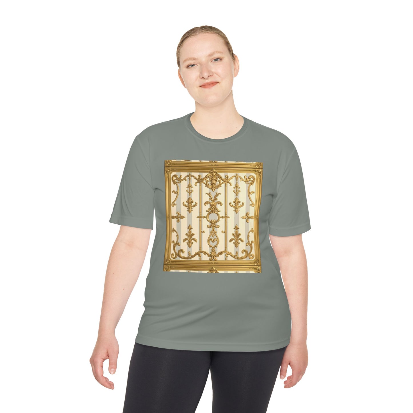 Elegant Gold Unisex Moisture Wicking Tee, Fashion Tee, Workout Shirt, Summer Style - Matte Gray & Cream Striped Gold Baroque