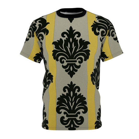 Chic Statement Tee, Trendy Fashion Shirt, Unique Graphic Tee, Stylish Casual Top, Perfect Gift for Fashion Lovers - Silver & Gold Striped Black Baroque