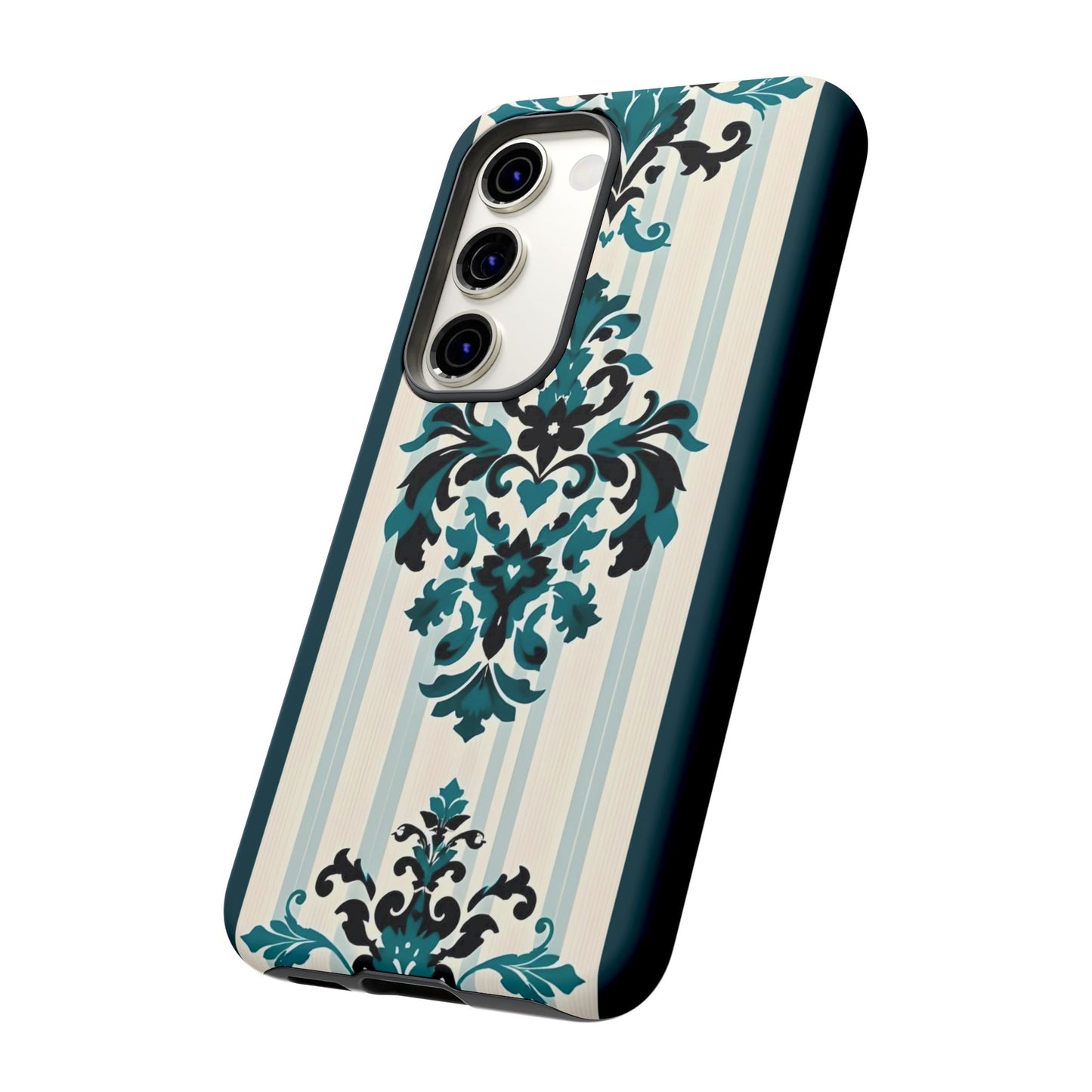 Elegant Floral Phone Case - Tough Cases with Vintage Design - Teal Striped Damask