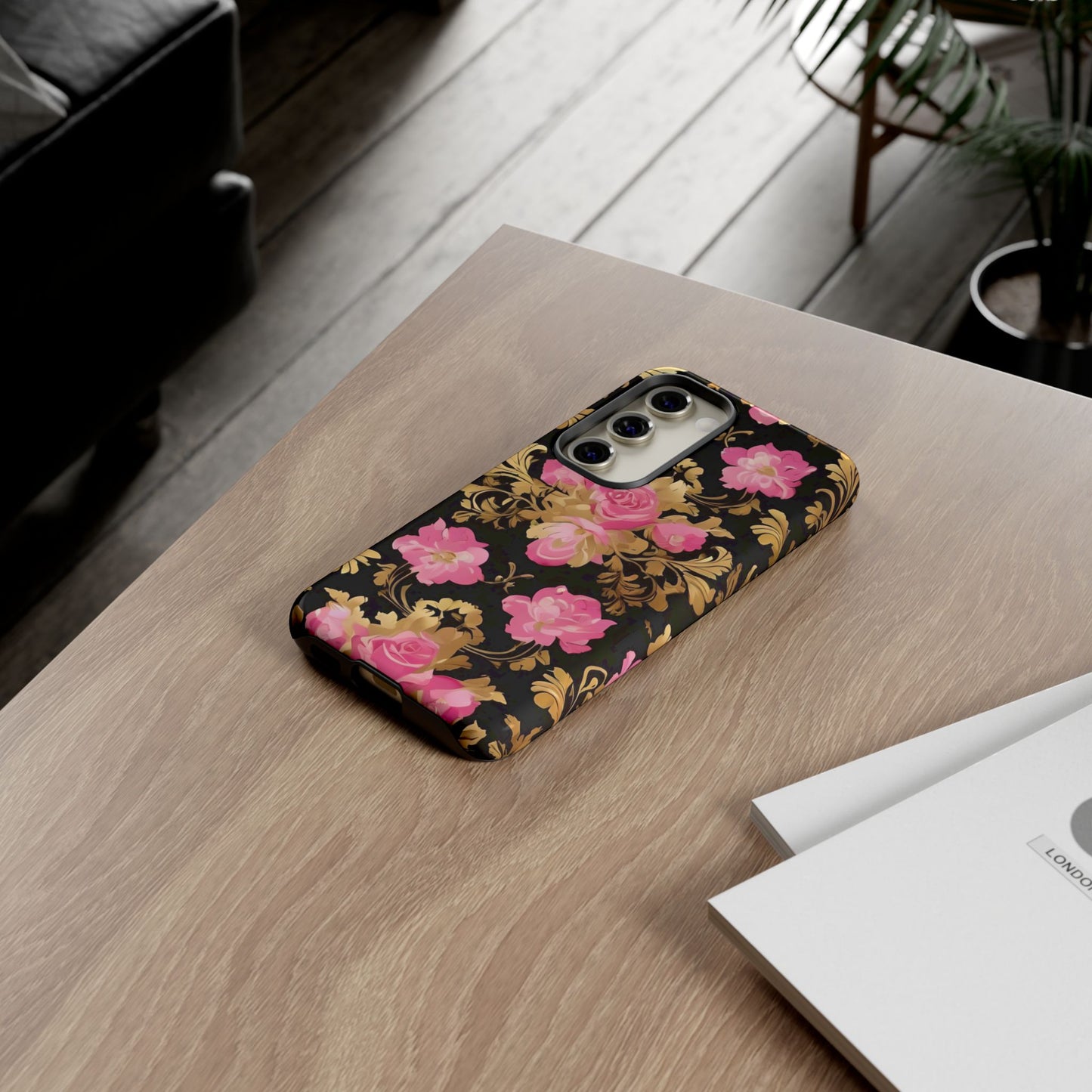 Elegant Floral Motif Phone Case - Tough Cases with Vintage Design - Pink & Gold Roses
