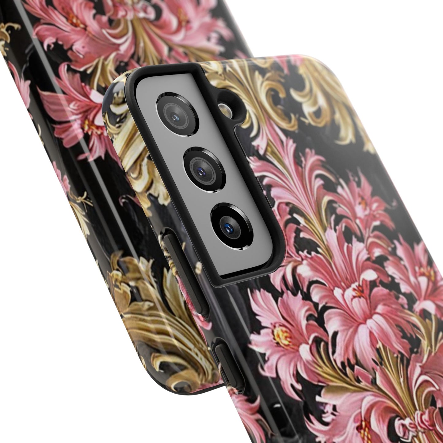 Elegant Floral Tough Phone Cases | Stylish Protection for Her | Gift for Birthdays - Black & Pink Oil Painting Style Rococo