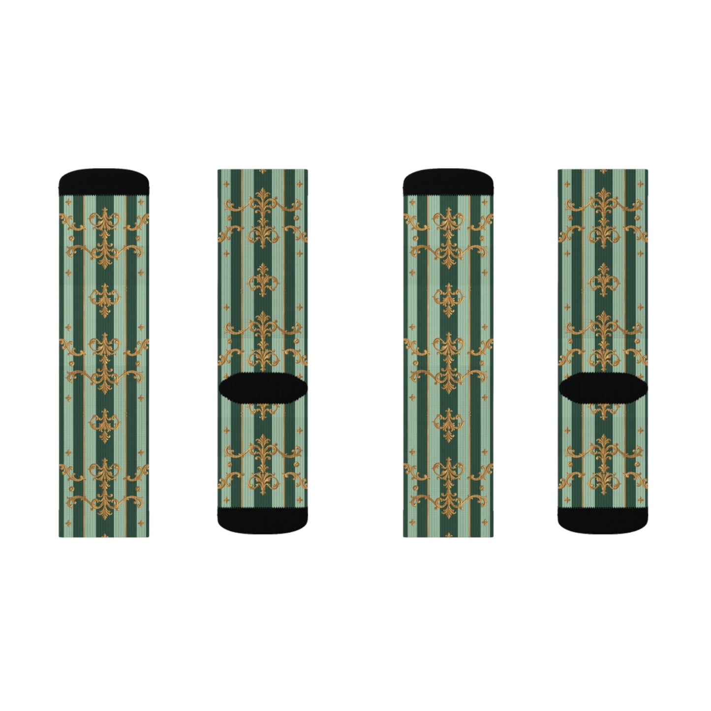 Chic Sublimation Socks for Everyday Comfort, Unique Fashion Socks, Gift for Him/Her, Stylish Casual Wear - Mint Green & Teal Striped Gold Baroque