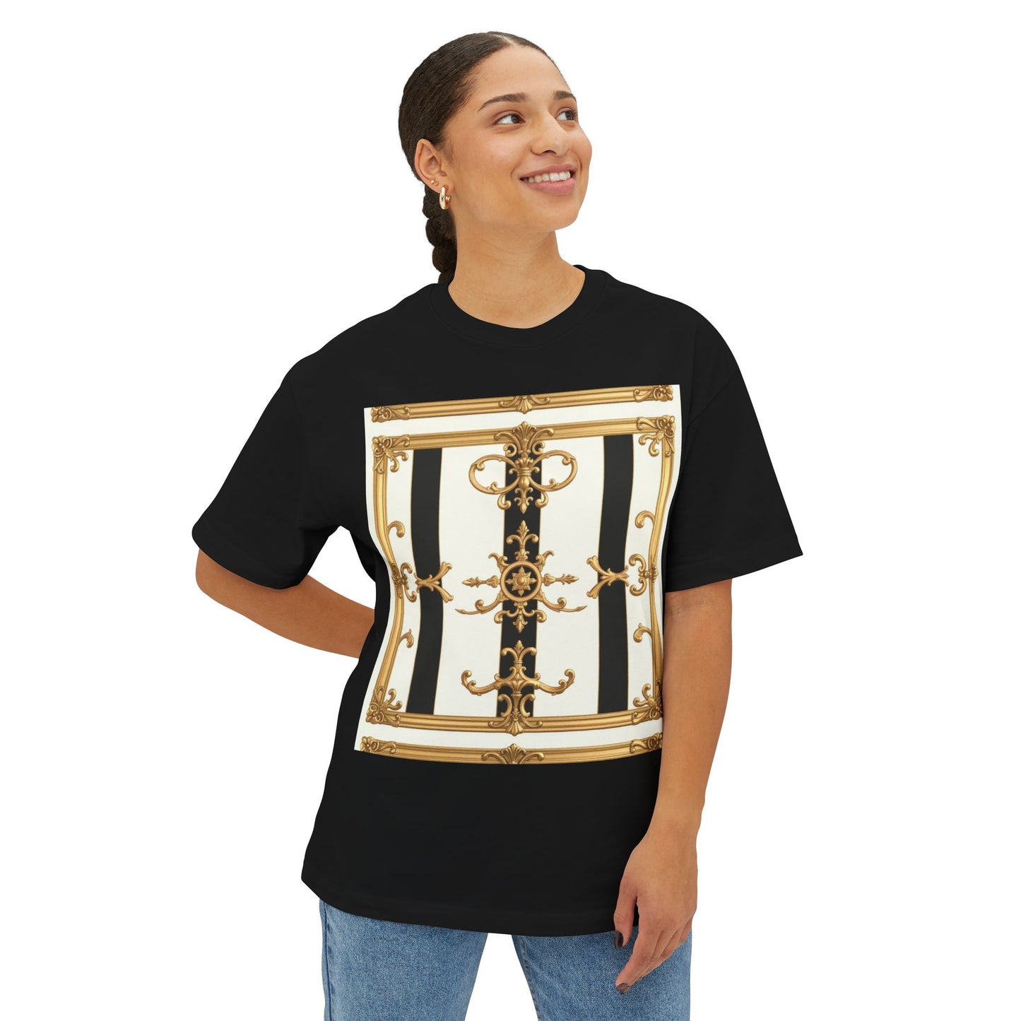 Chic Oversized Boxy Tee with Elegant Gold Design, Fashion T-Shirt, Streetwear Top, Casual Wear - Black & White Striped Gold Baroque