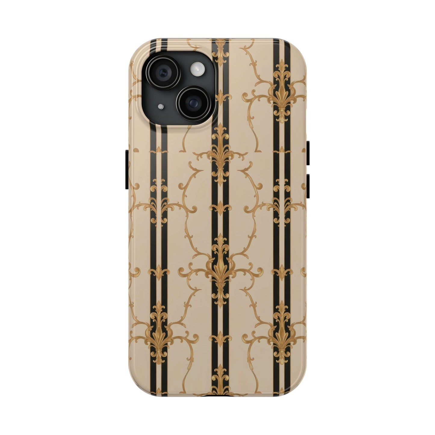 Elegantly Tough Phone Cases | Stylish Phone Covers, Durable Cases, Fashionable Accessories - Black & Beige Striped Damask